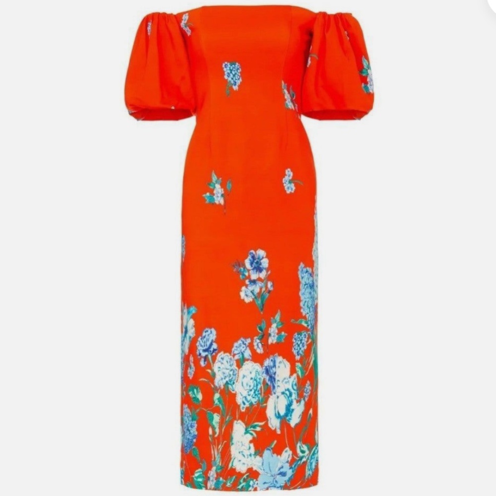 NEW Cara Cara Puff Sleeve Karene Midi Dress - Orange Red Floral - Picture 11 of 11